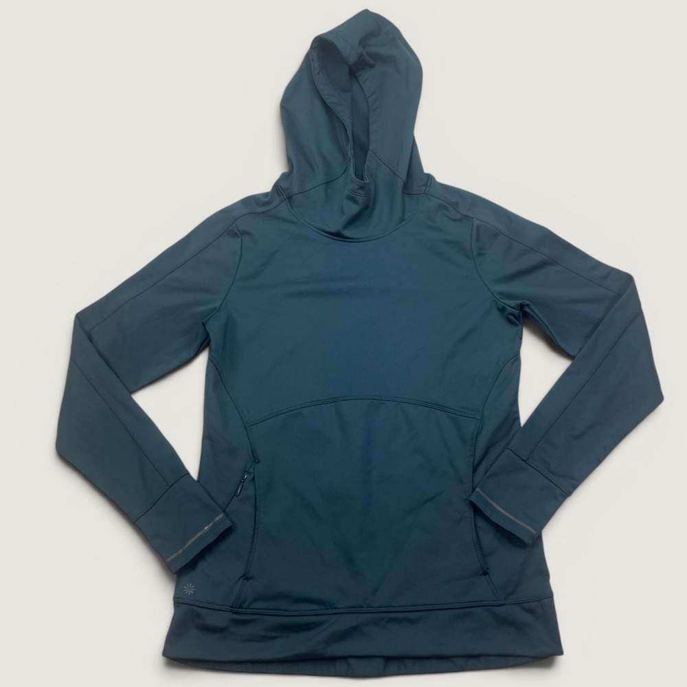 Athleta Women M Polartec Power Stretch Hoodie Teal Fleece Lined Thumbhole 159049